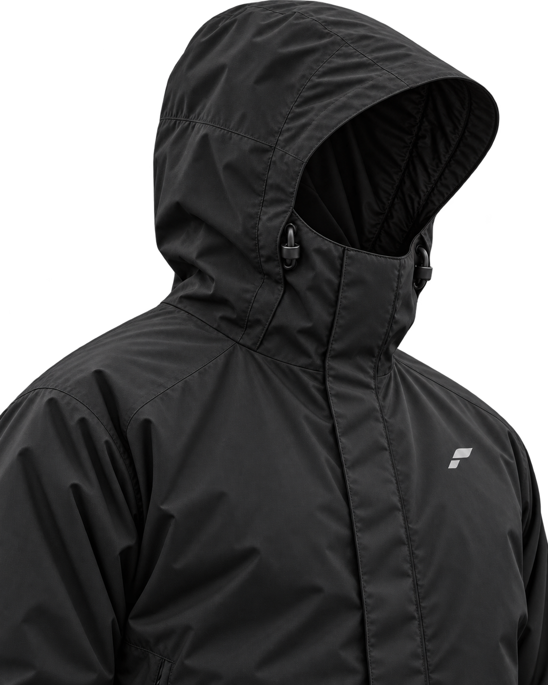Close view of the Shell adjustable hood, covered front zip and reflective chest logo