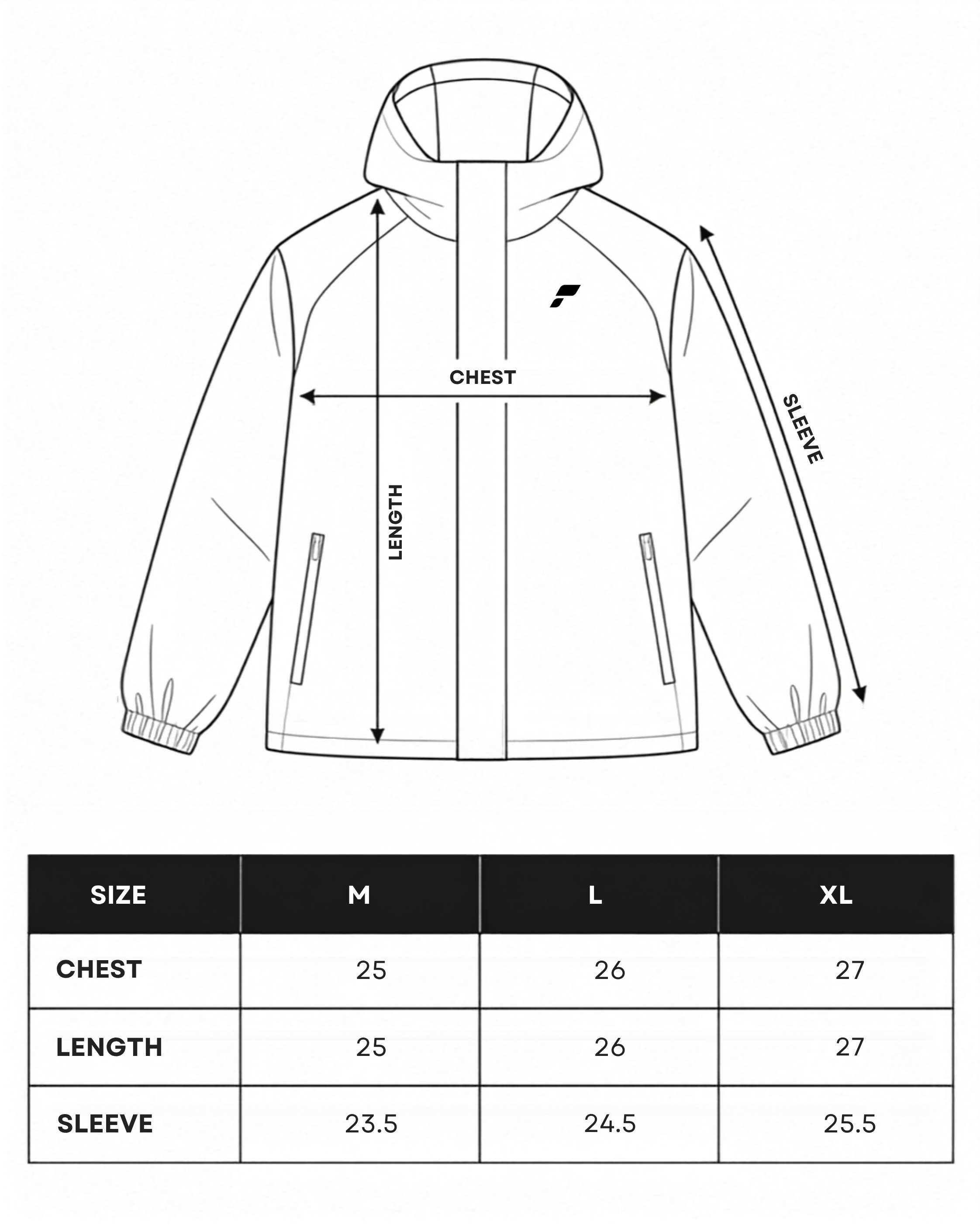 Shell jacket diagram and size chart showing flat chest width, body length and sleeve length for sizes M, L and XL.
